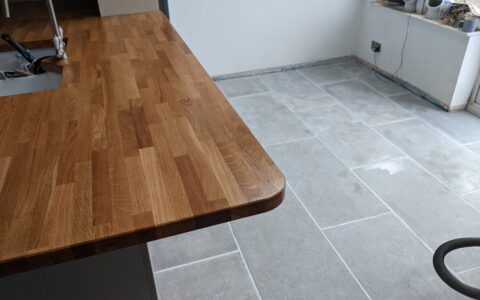 tiled floor and kitchen worktop